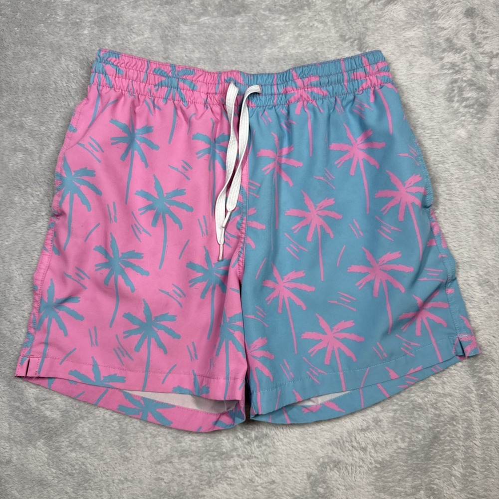 Chubbies Swim Trunks Mens S Pink Blue Palm Trees 4" Short Mesh Lined FLAW